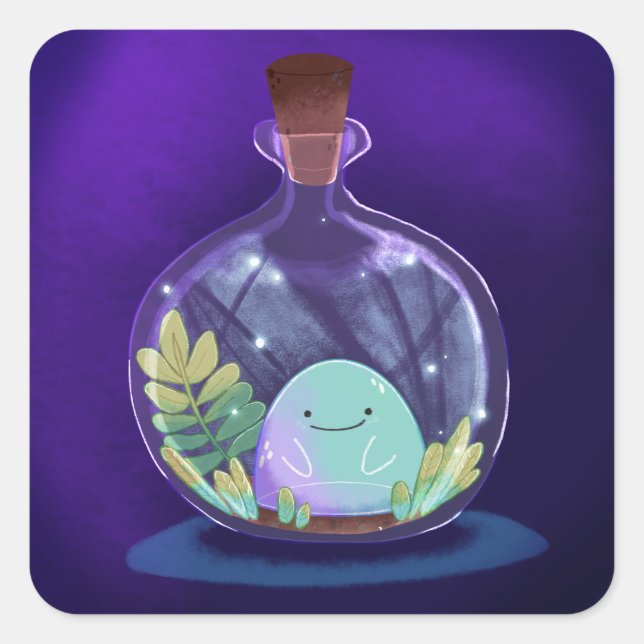 Fantasy Glowing Cute Monster in a Bottle Square Sticker (Front)