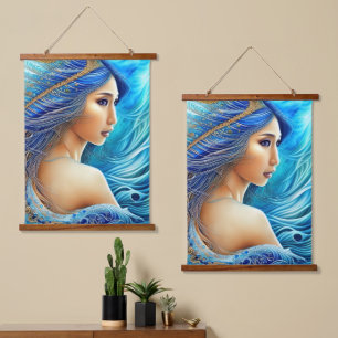 Fantasy Goddess Radiant Blue Depths Abstract Art Hanging Tapestry