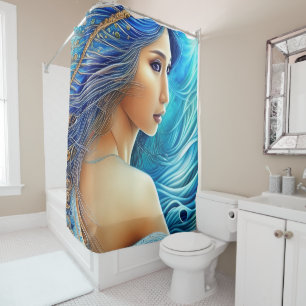 Fantasy Goddess Radiant Blue Depths Abstract Art Shower Curtain