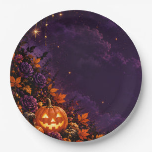 Fantasy Gothic Halloween Purple Night Sky and Pump Paper Plate