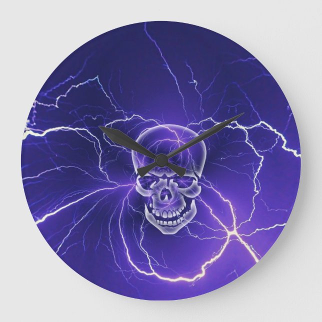 Fantasy Gothic Skull Bone Lightning Blue Large Clock (Front)