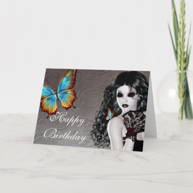 Fantasy Gothic Woman with Butterfly Birthday Card (Front)