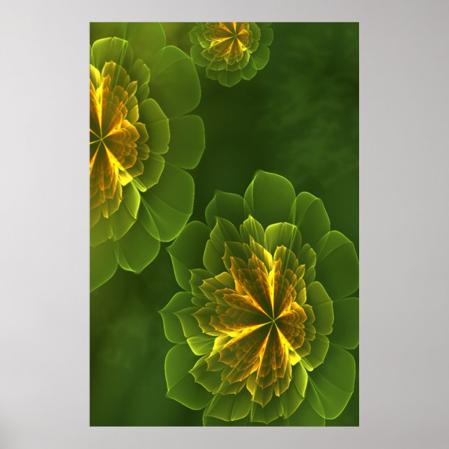 Fantasy Green Yellow Fractal Flowers Poster (Front)
