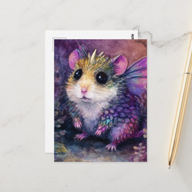 Fantasy Hamster Dragon Watercolor Postcard (Front/Back In Situ)