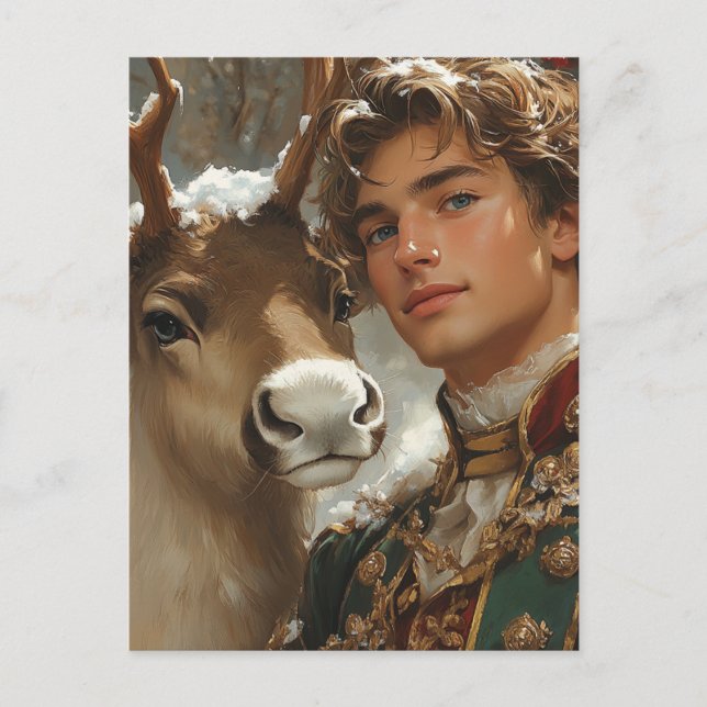 Fantasy Handsome blonde man and reindeer Christmas Postcard (Front)