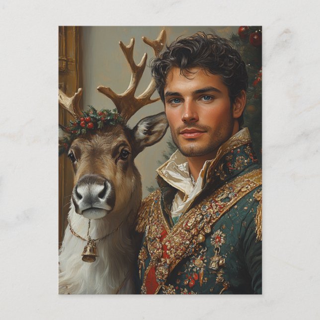 Fantasy Handsome man and reindeer Christmas Postcard (Front)