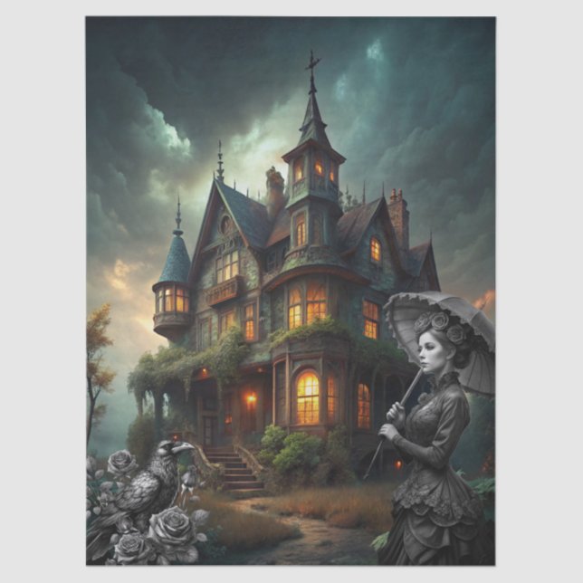Fantasy Haunted House Victorian Lady Raven Roses Tissue Paper (Front)