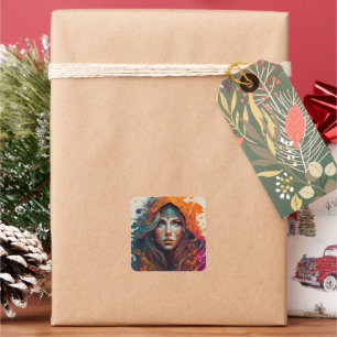 Fantasy Hooded Woman in Abstract Flames Square Sticker