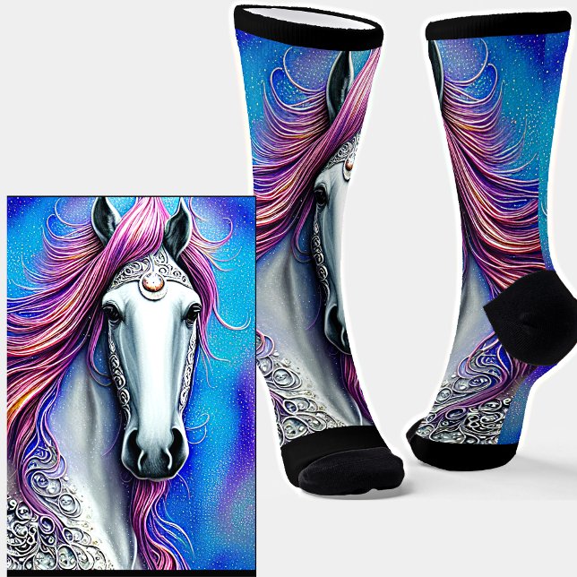 Fantasy Horse, Blue Mauve Pink Mane Silver Lace  Socks (Creator Uploaded)