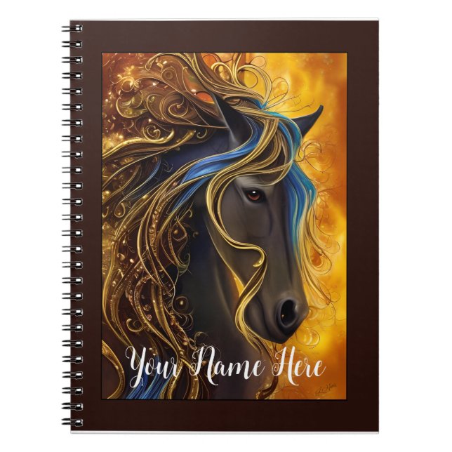 Fantasy Horse in Black & Gold, Editable Notebook (Front)