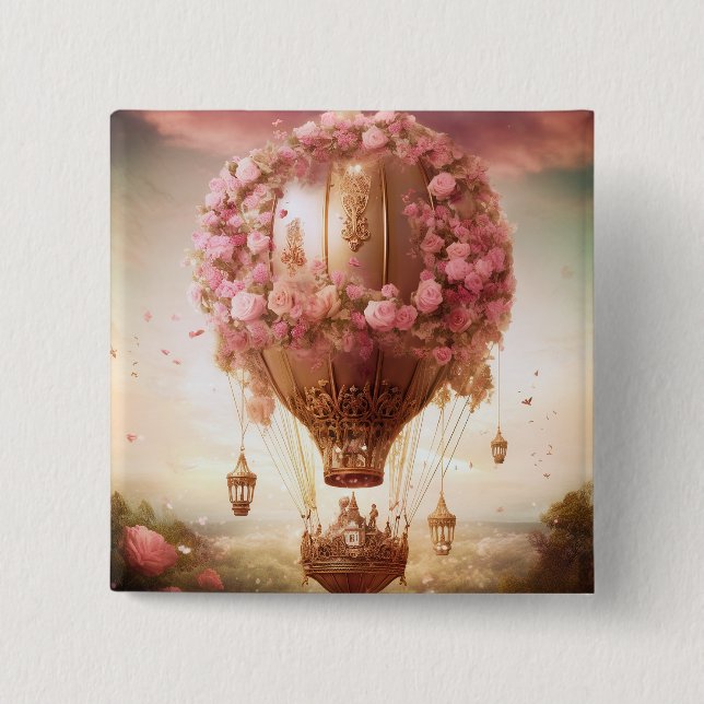 Fantasy Hot Air Balloon Pink Gold 15 Cm Square Badge (Front)