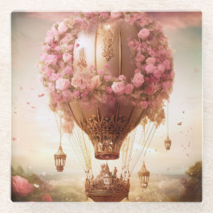 Fantasy Hot Air Balloon Pink Gold Glass Coaster