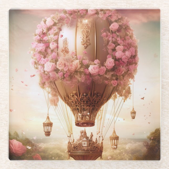 Fantasy Hot Air Balloon Pink Gold Glass Coaster (Front)