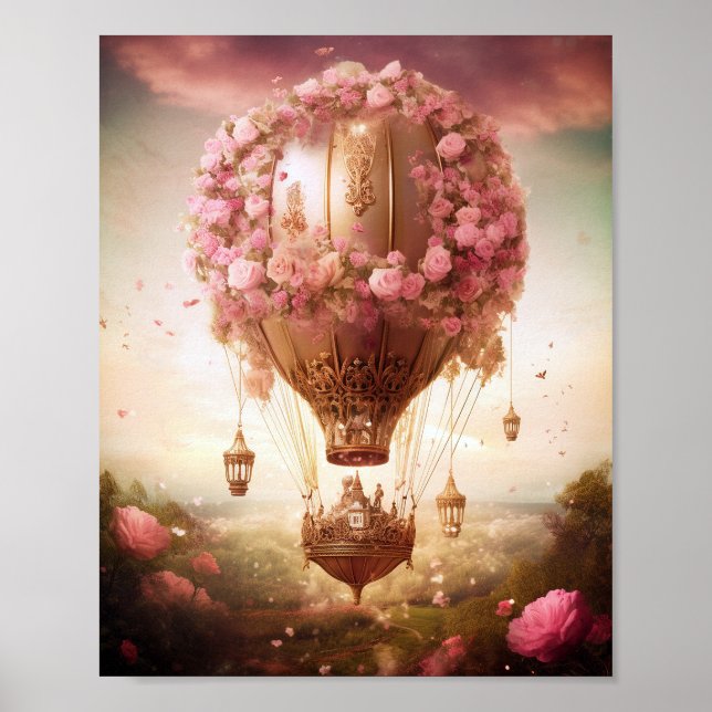 Fantasy Hot Air Balloon Pink Gold Poster (Front)