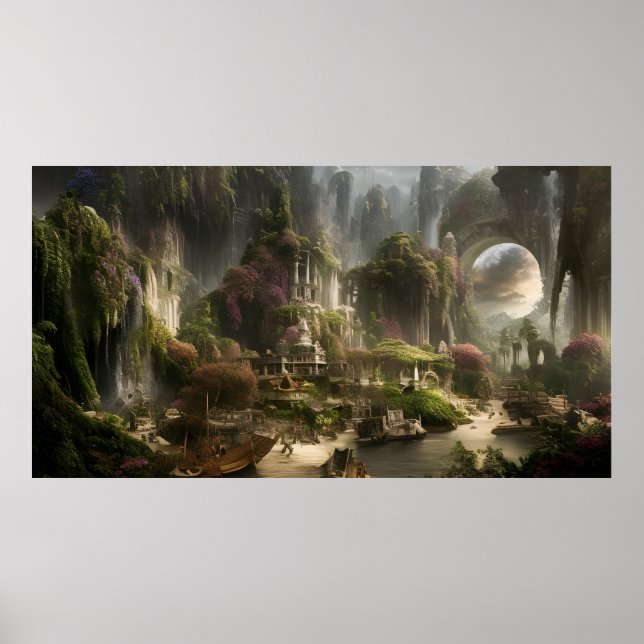 Fantasy Hotel vacation with a stone bridge Poster (Front)