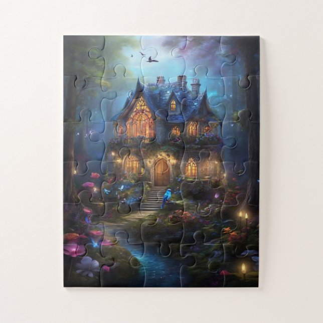 fantasy house forest fairytale home magic lights  jigsaw puzzle (Vertical)