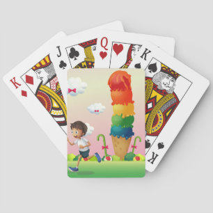 Fantasy Ice Cream Cone with Happy Running Boy Playing Cards