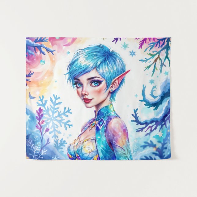Fantasy ice elf winter magic snowflake art tapestry (Front (Horizontal))