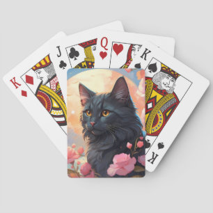 Fantasy illustration with black cat playing cards