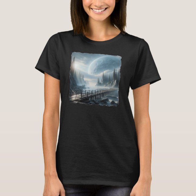 Fantasy image of a huge moon in a misty landscape T-Shirt (Front)