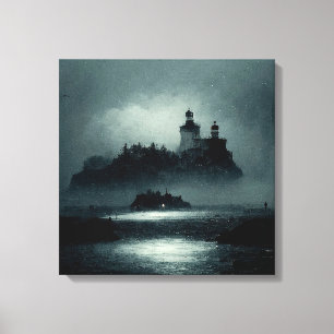 Fantasy Island Lighthouse Misty Foggy Dark Night Canvas Print