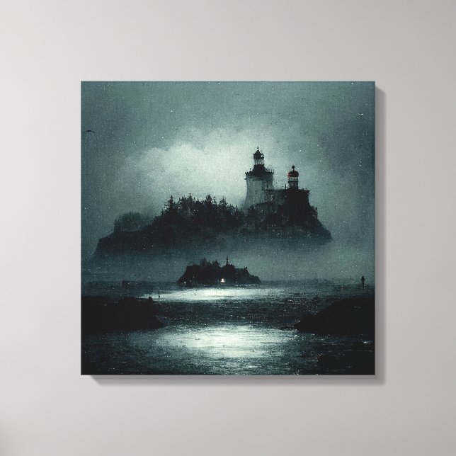 Fantasy Island Lighthouse Misty Foggy Dark Night Canvas Print (Front)