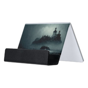 Fantasy Island Lighthouse Misty Foggy Dark Night Desk Business Card Holder