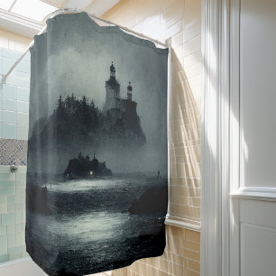Fantasy Island Lighthouse Misty Foggy Dark Night Shower Curtain