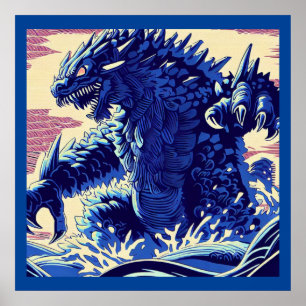 Fantasy Kaiju Anime - Woodcut 2 Poster