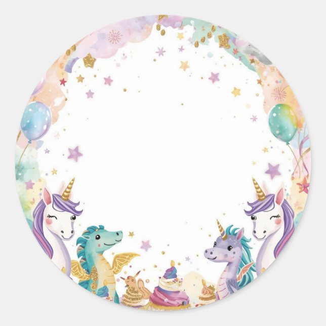 Fantasy Kids Birthday Stickers Watercolor Unicorns (Front)