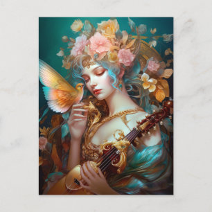 Fantasy Lady With Lute & Butterfly Bird Postcard