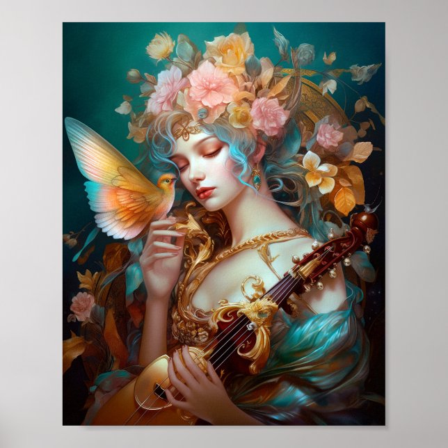 Fantasy Lady With Lute & Butterfly Bird Poster (Front)