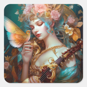 Fantasy Lady With Lute & Butterfly Bird Square Sticker