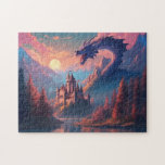 Fantasy Landscape Castle Dragon Jigsaw Puzzle<br><div class="desc">Picture a mesmerising fantasy illustration that transports you to a world of wonder and magic. The scene unfolds as the sun sets in a blaze of warm colours, casting a golden glow upon a breathtaking landscape. A majestic castle stands proudly at the edge of a tranquil lake, its turrets and...</div>