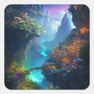 Fantasy Landscape Colourful Surreal Square Sticker