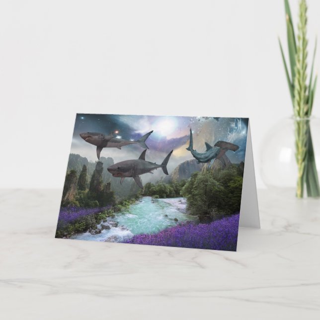 Fantasy Landscape Great White Shark Hammerhead Holiday Card (Front)