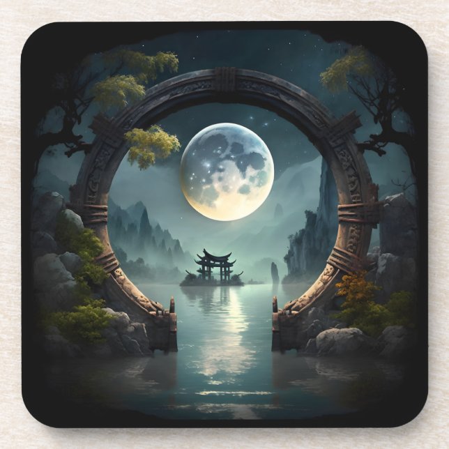 Fantasy Landscape Moon, Round Arch Plastic Coaster (Front)