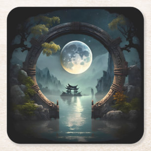 Fantasy Landscape Moon, Round Arch Square Coaster