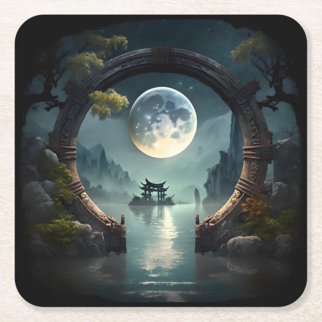 Fantasy Landscape Moon, Round Arch Square Coaster (Front)