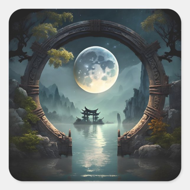 Fantasy Landscape Moon, Round Arch Square Stickers (Front)