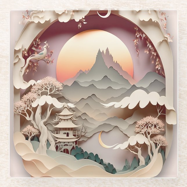 Fantasy Landscape Paper Cut Glass Coaster (Front)