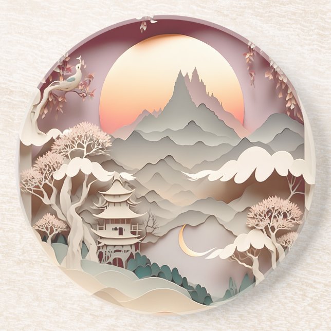 Fantasy Landscape PaperCut Round Sandstone Coaster (Front)