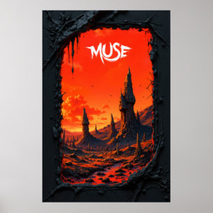 Fantasy landscape with fiery sky and towering poster