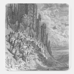 Fantasy landscape with town and castle square sticker