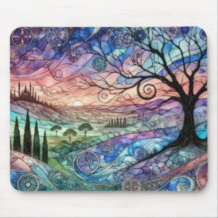 Fantasy Landscape with Tree and Colourful Sunset Mouse Mat