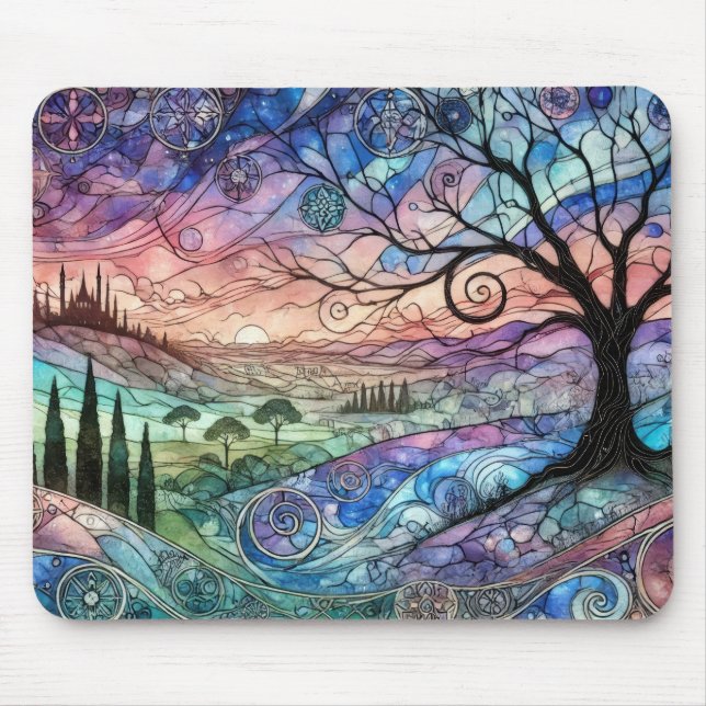 Fantasy Landscape with Tree and Colourful Sunset Mouse Mat (Front)