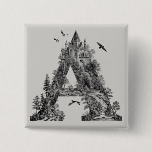 Fantasy Letter A with Castles in the Sky Storybook 15 Cm Square Badge