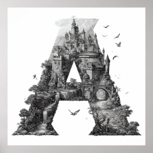 Fantasy Letter A with Castles in the Sky Storybook Poster