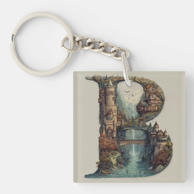 Fantasy Letter B with Castles in the Sky Storybook Key Ring (Front)