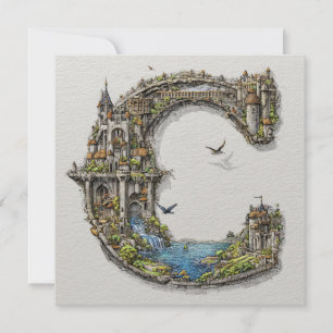 Fantasy Letter C with Castles in the Sky Storybook Holiday Card